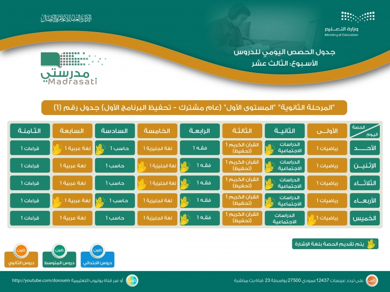 جدول دروس الحصص اليومية 4545454